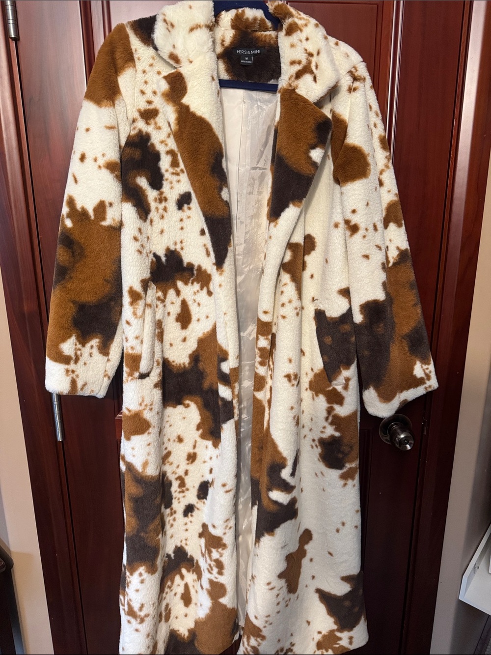 Hers & Mine Faux Fur Cow Print Long Coat - White & Brown